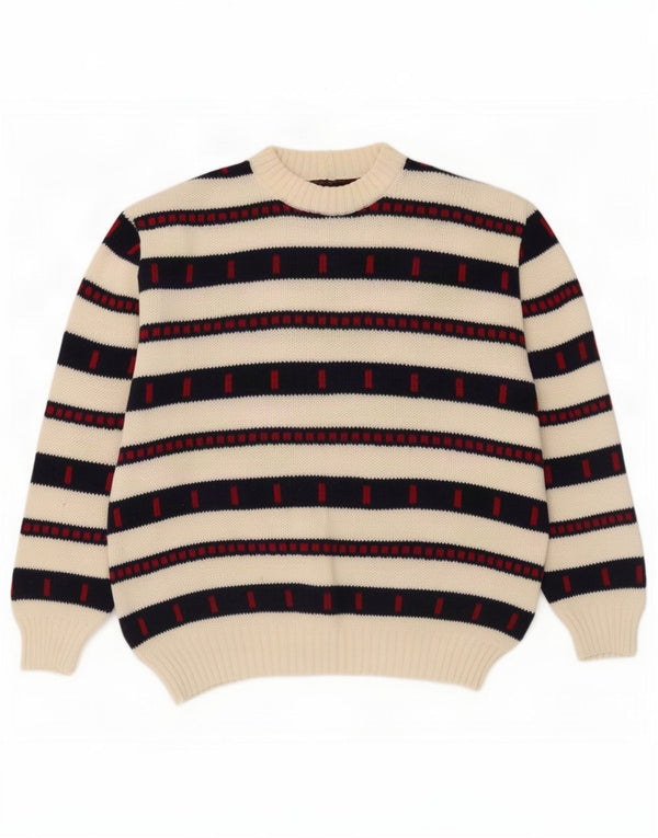 Vintage hombres cuello redondo jersey suéter grande blanco rayas
