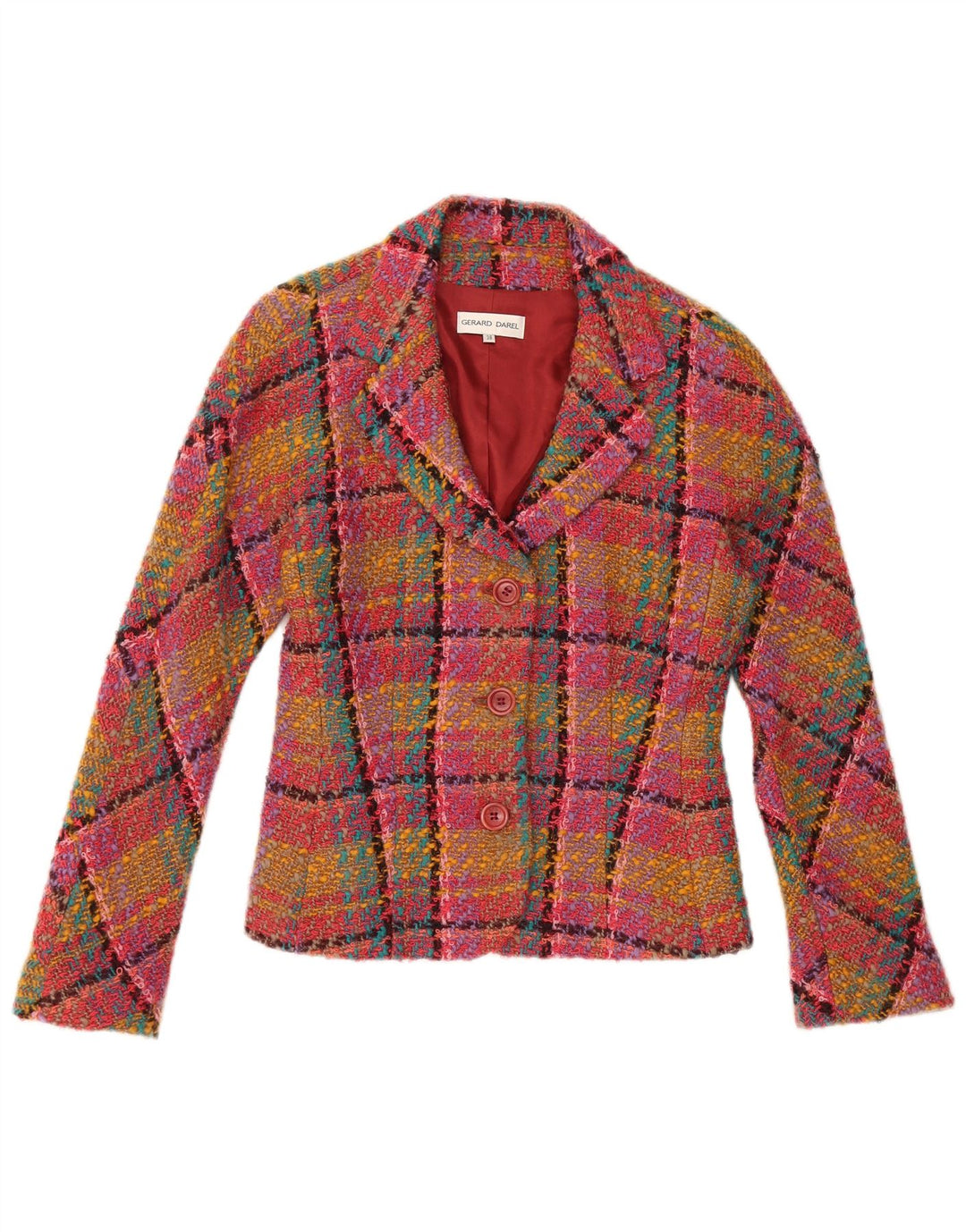 Gerard Darel Chaqueta tipo blazer de 3 botones para mujer IT 38 XS Lana a cuadros rosa