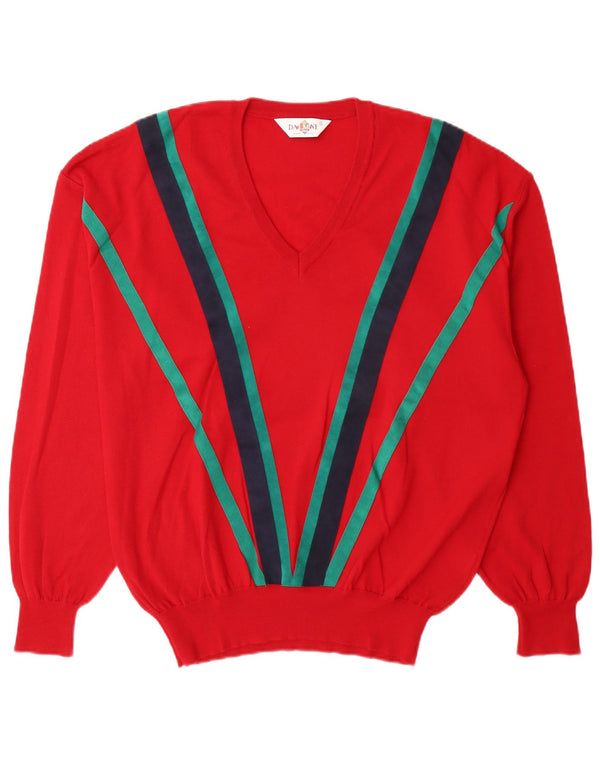 DALMINE Mens V-Neck Jumper Sweater IT 54 XL Red Striped Virgin Wool