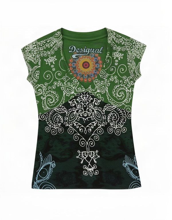 Desigual Mujer Camiseta Gráfica Top UK 6 XS Verde Paisley Viscosa