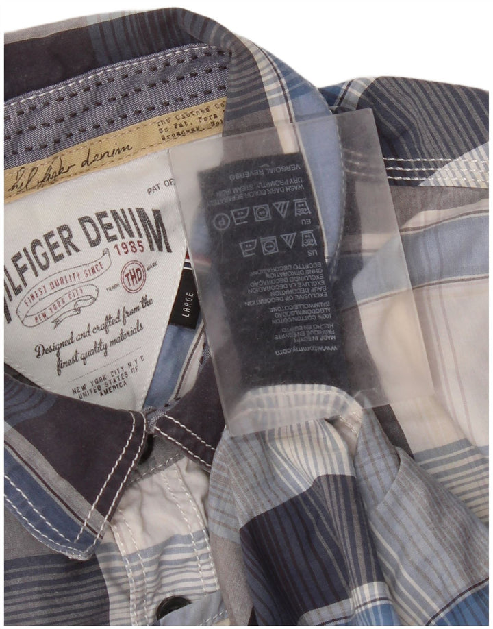 Tommy Hilfiger Camisa de manga corta para hombre de algodón a cuadros azules grandes