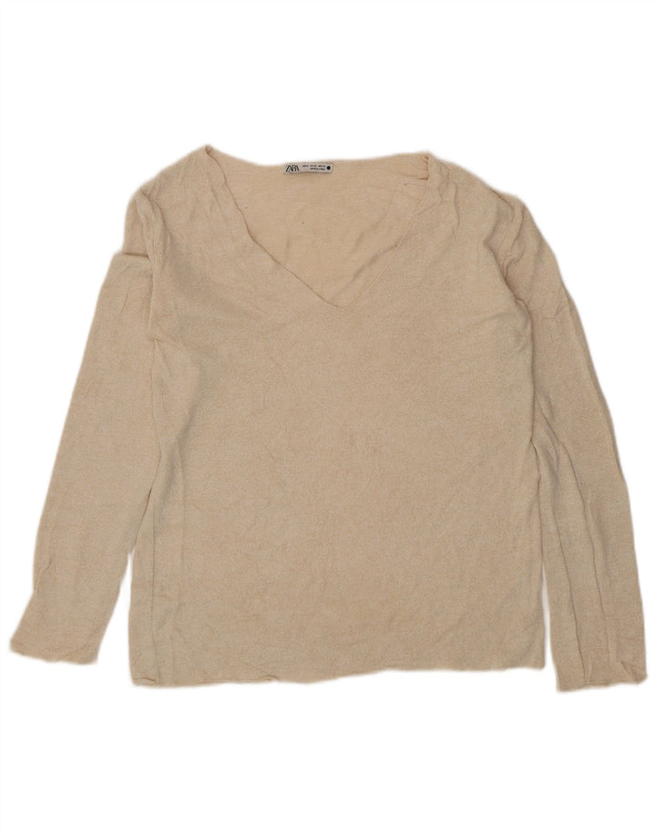 Zara - Jersey con cuello en V para mujer, talla 42, viscosa beige mediana