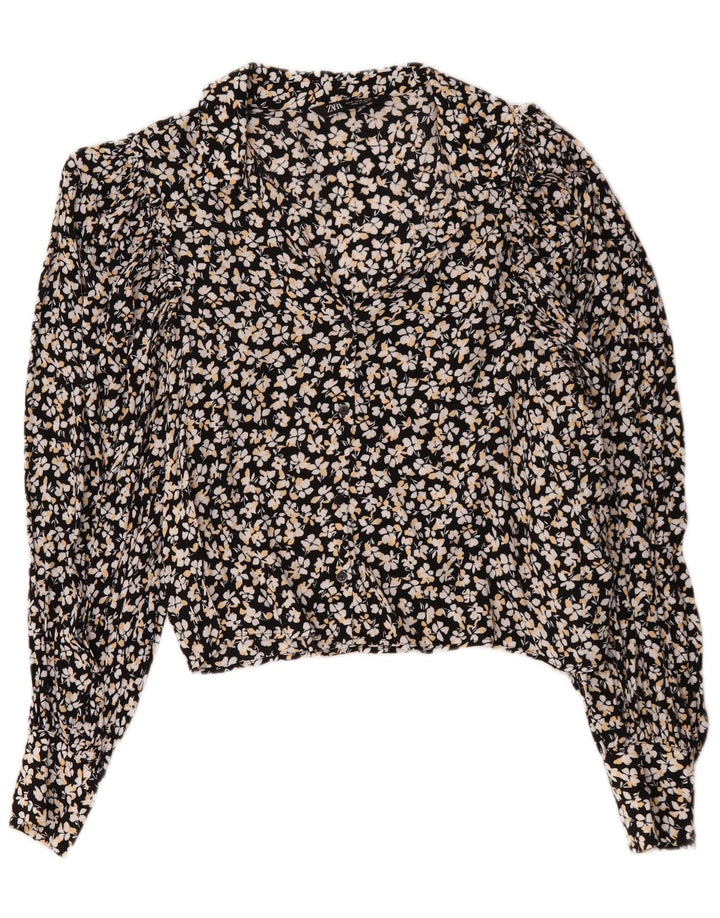 Zara Blusa Camisa Mujer UK 44 Mediana Viscosa Floral Negra
