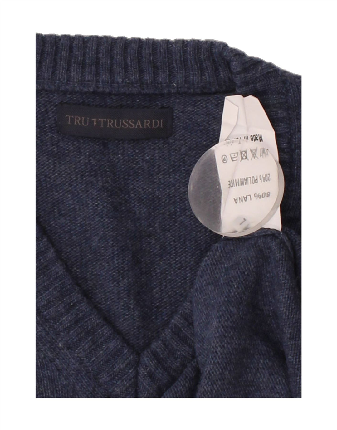 TRUSSARDI Mens V-Neck Jumper Sweater Large Navy Blue Wool Vintage Trussardi and Second-Hand Trussardi from Messina Hembry 