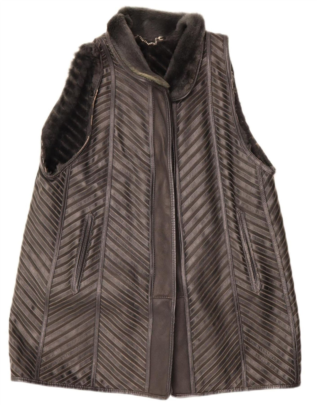 VINTAGE Mujer Sherpa Longline Gilet EU 40 Cuero a rayas gris medio