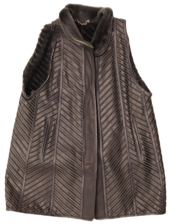 VINTAGE Mujer Sherpa Longline Gilet EU 40 Cuero a rayas gris medio