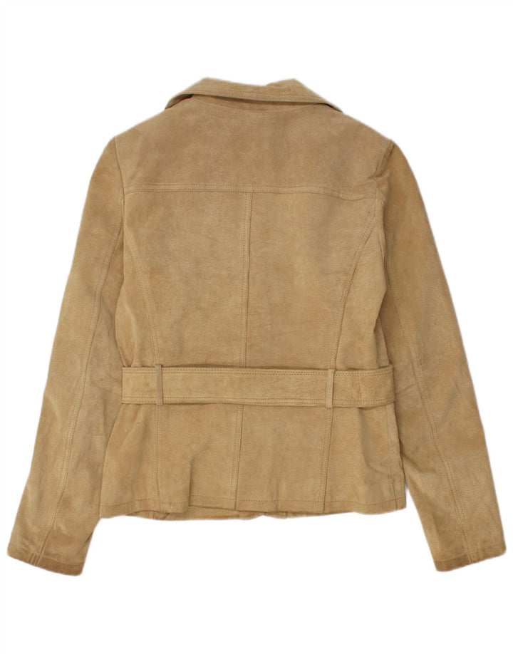 Vintage mujer 2 botones ante Blazer chaqueta Reino Unido 10 pequeño cuero beige