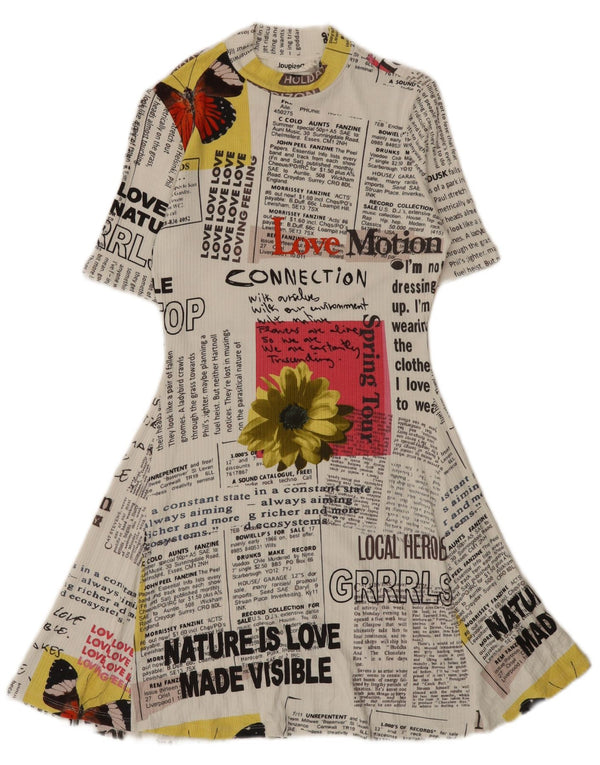 Desigual Vestido acampanado con gráfico de periódico para mujer UK 40 Viscosa blanca mediana