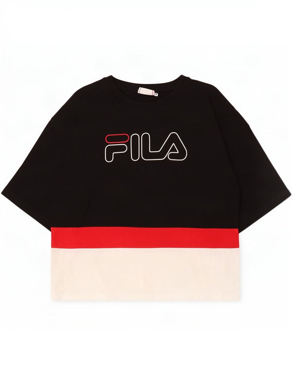 Fila Camiseta gráfica para mujer Top UK 10 Small Black Colourblock Cotton