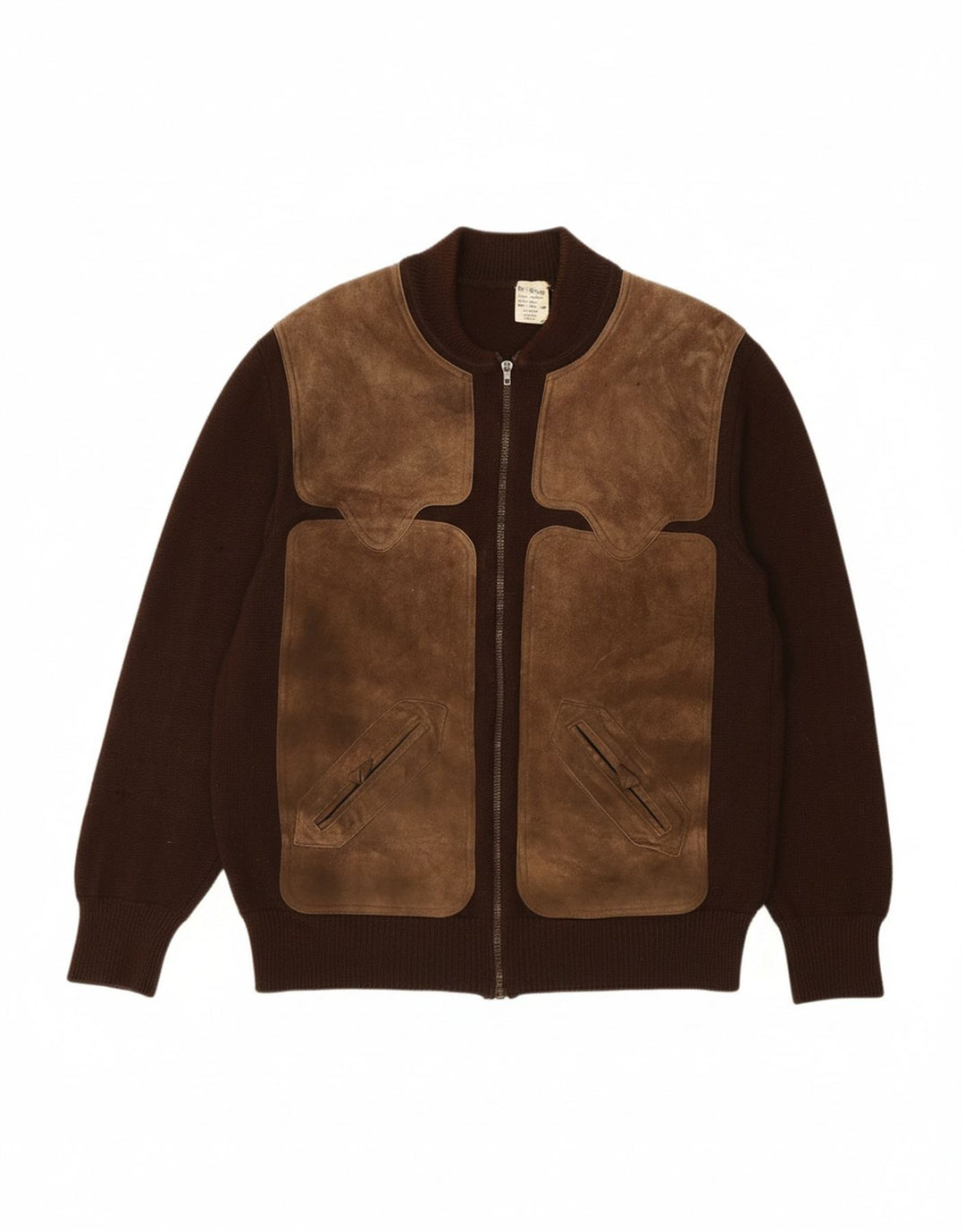 VINTAGE Mens Suede Cardigan Sweater Medium Brown Colourblock Polyacrylic
