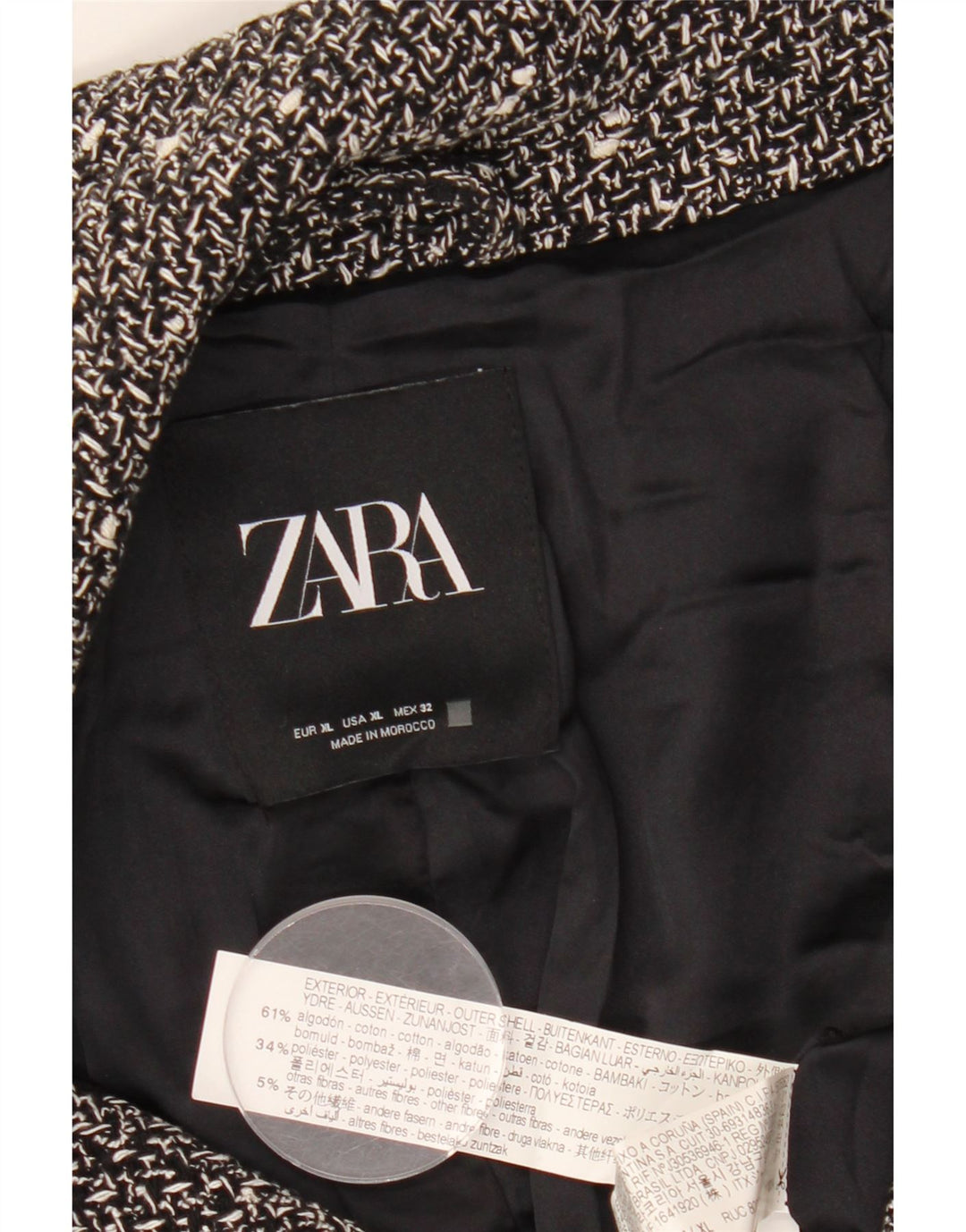 ZARA Mujer Chaqueta Corta Extragrande UK 40 XL Negro Moteado
