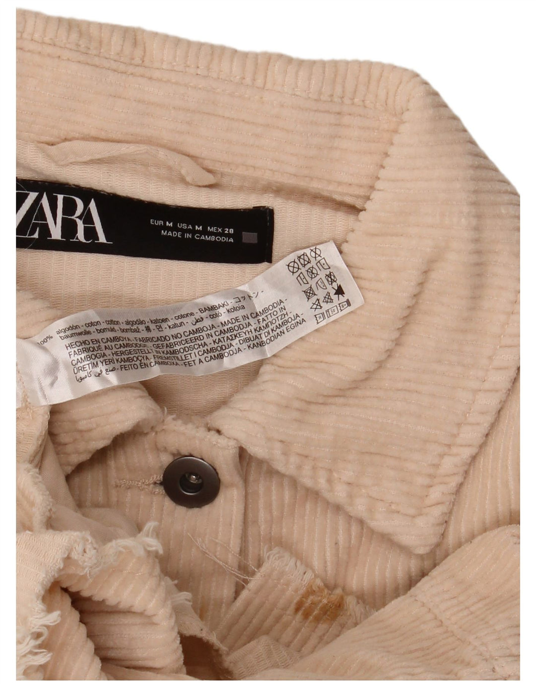 ZARA Mujer Camisa De Pana Extragrande UK 44 Mediana Algodón Blanco Roto