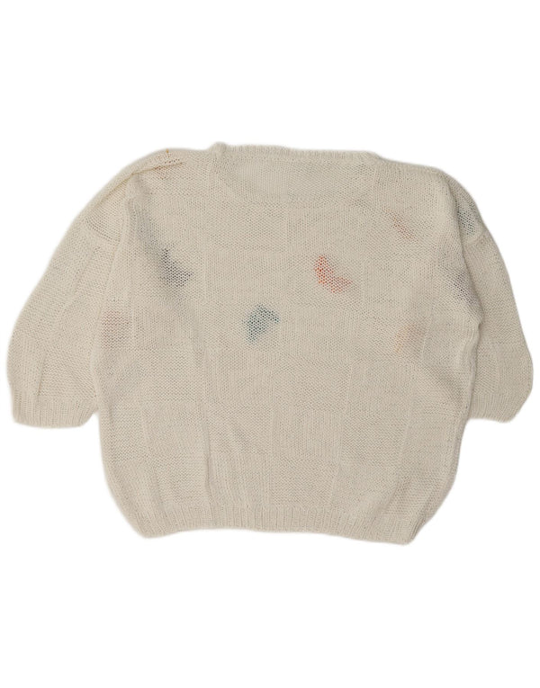 Vintage mujer gráfico barco cuello jersey suéter Reino Unido 18 XL mariposa blanca