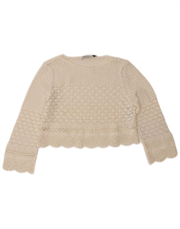 Zara Mujer Crop Top De Ganchillo UK 10 Pequeño Poliéster Blanco Roto