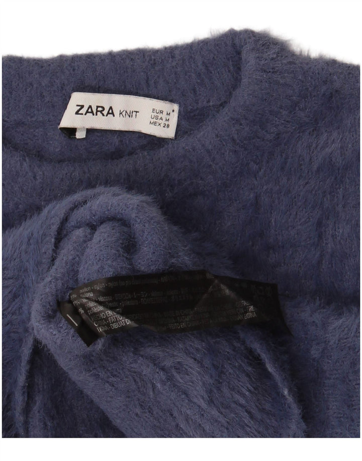 Zara - Jersey corto con cuello redondo para mujer, talla 40, nailon azul marino mediano