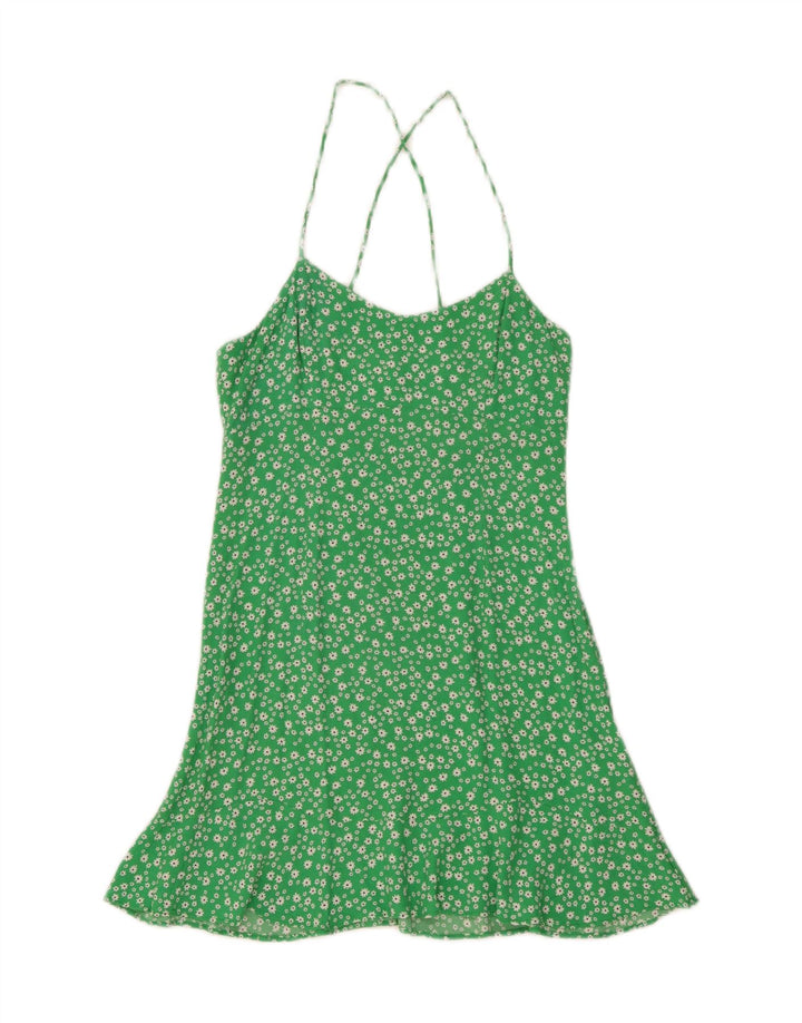 Zara Mujer Vestido De Verano UK 42 Viscosa Floral Verde Medio