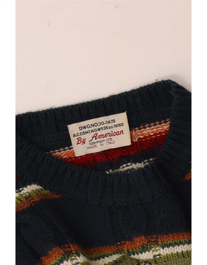 Vintage hombres cuello redondo jersey suéter medio multicolor rayas