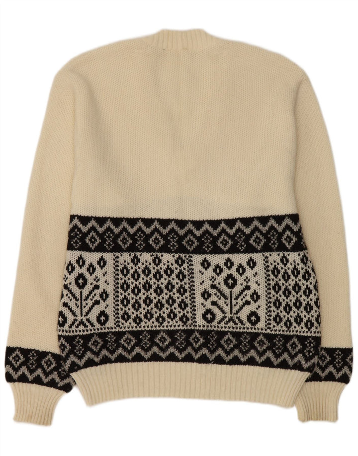 Vintage hombres V-cuello jumper suéter medio blanco geométrico