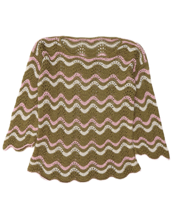Vintage mujeres crochet barco cuello jersey suéter Reino Unido 14 medio caqui Chevron