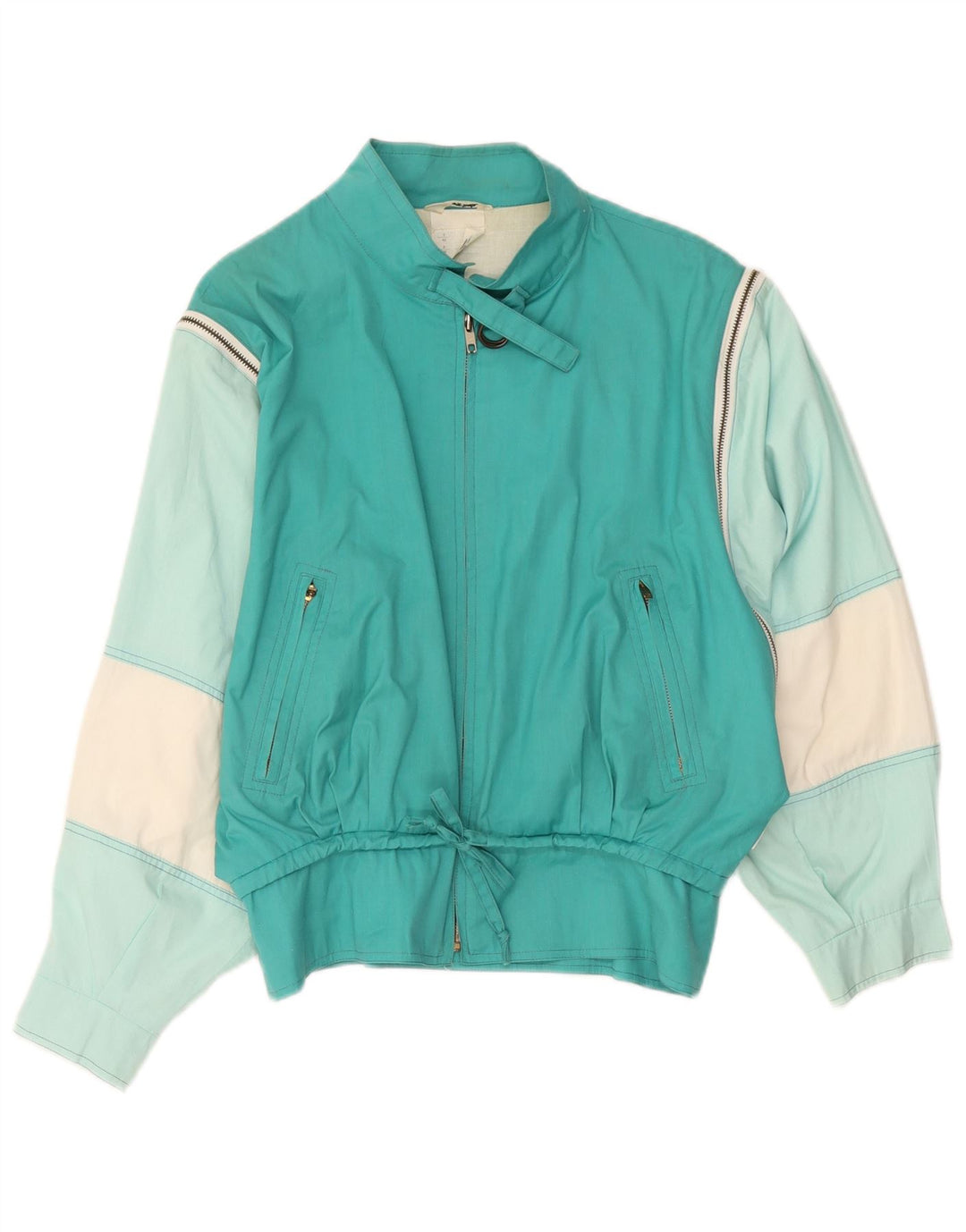 Vintage mujer bomber chaqueta Reino Unido 12 medio turquesa colorblock poliéster