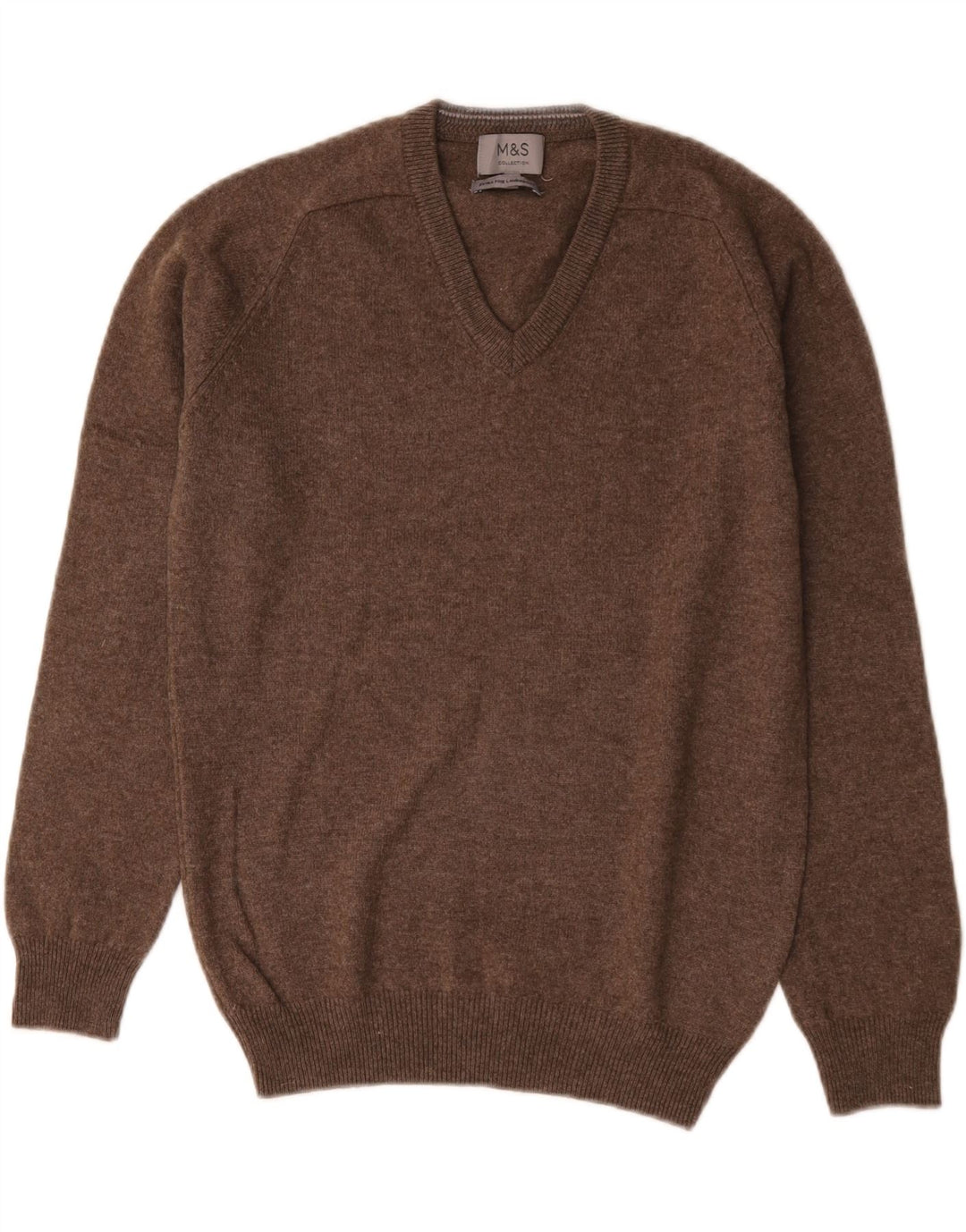 Marks & Spencer Jersey con cuello en V para hombre, talla pequeña, lana de cordero marrón