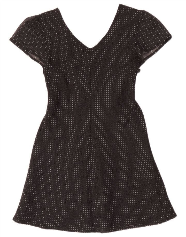 Vintage mujer mini vestido de una línea IT 42 viscosa manchada negra mediana