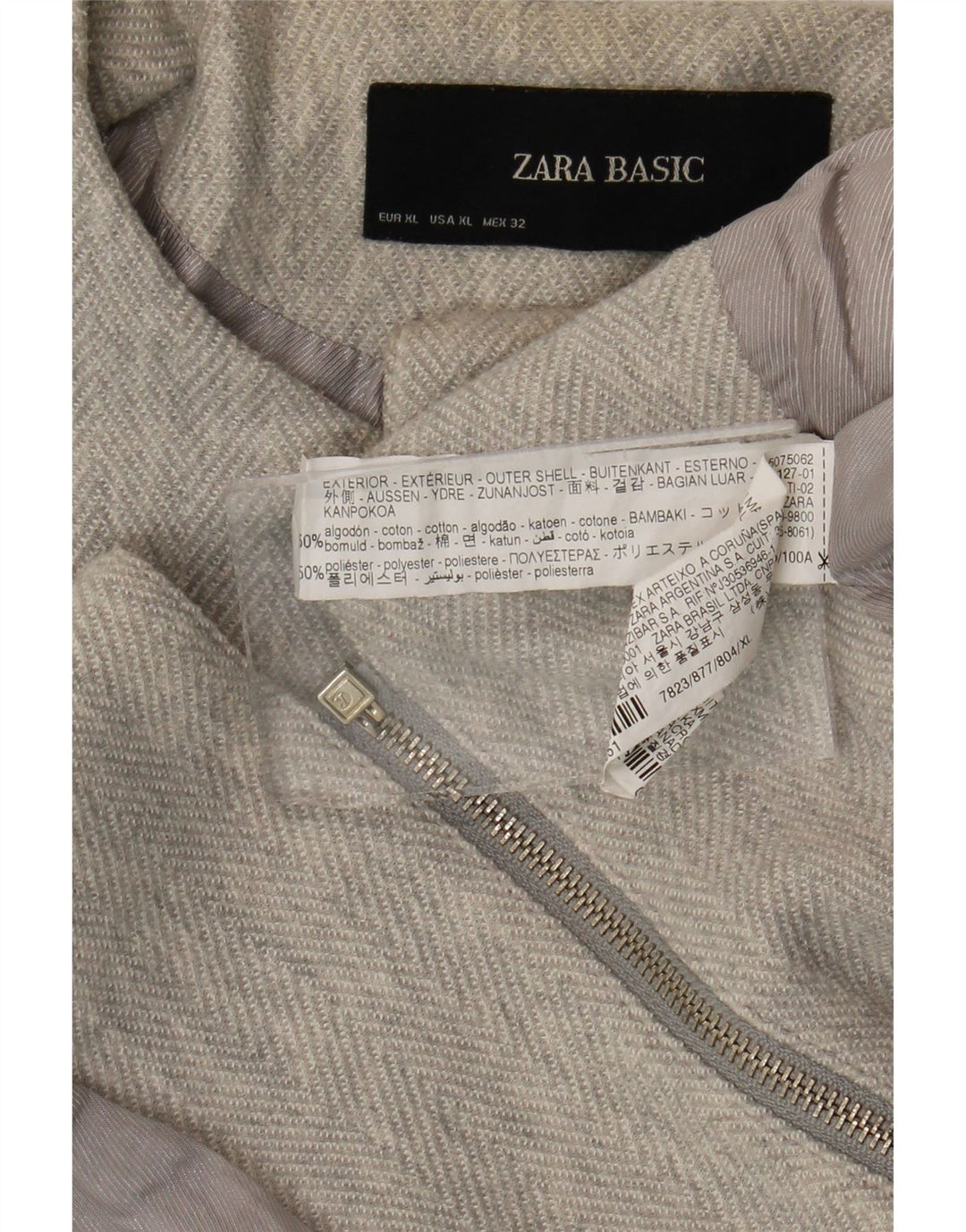 Zara Mujer Chaqueta Blazer Con Cremallera Completa UK 40 XL Algodón Gris Espiga