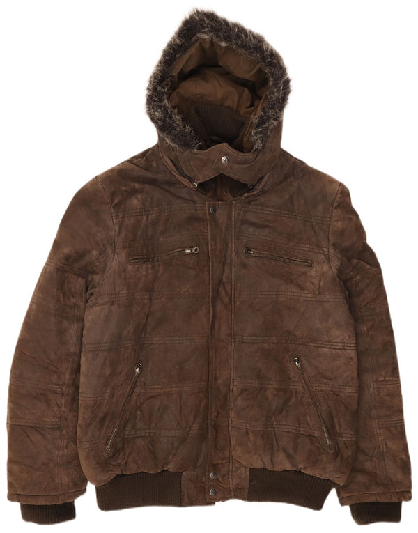 John F Gee Chaqueta bomber de ante con capucha para hombre UK 42 XL Cuero marrón
