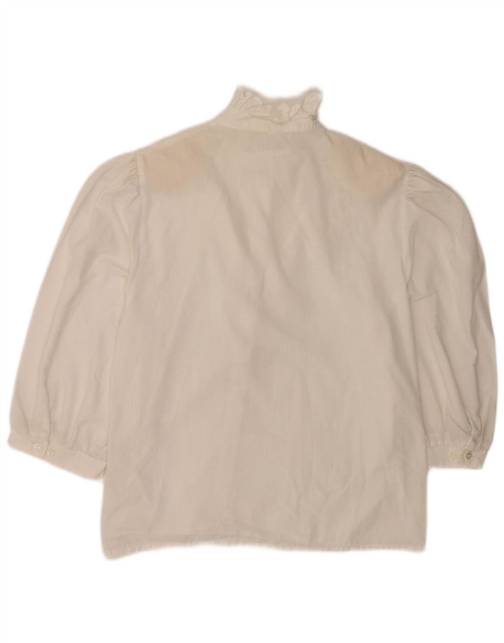 Vintage mujer 3/4 manga volante camisa delantera blusa Reino Unido 12 blanco medio