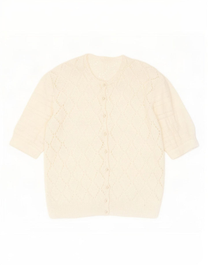 Vintage mujeres ver a través de cardigan suéter Reino Unido 14 medio blanco moteado