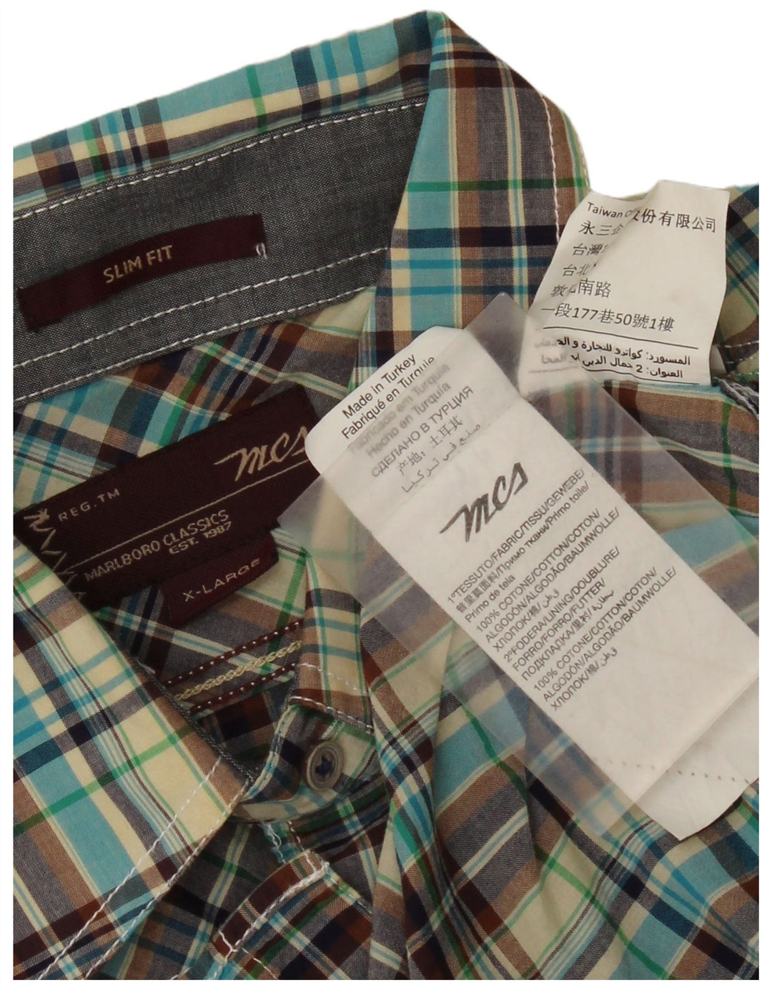 Marlboro Classics Camisa de Manga Corta Slim Fit para Hombre XL Cuadros Multicolores