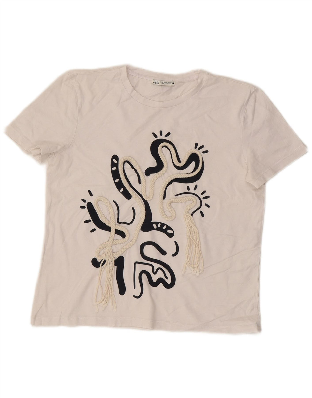 ZARA Mujer Camiseta Gráfica Top UK 10 Small Blanco Algodón
