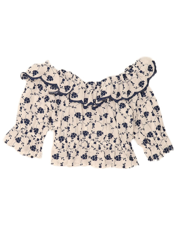 Zara Blusa Corta con Hombros Descubiertos para Mujer UK 40 Grande Algodón Floral Blanco