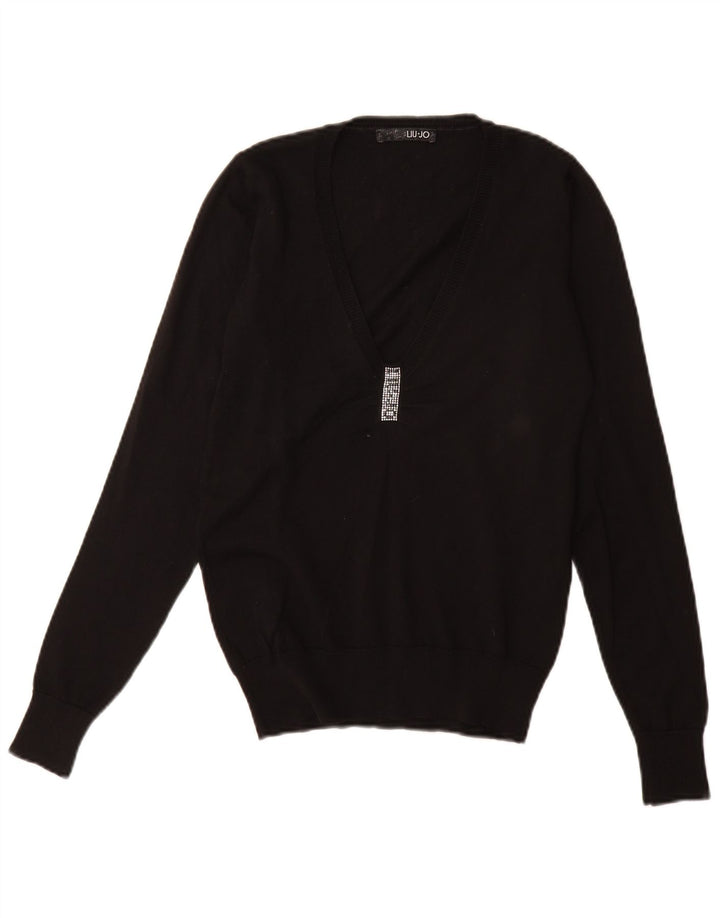 LIU JO Suéter extragrande con cuello en V para mujer IT 40 Small Black
