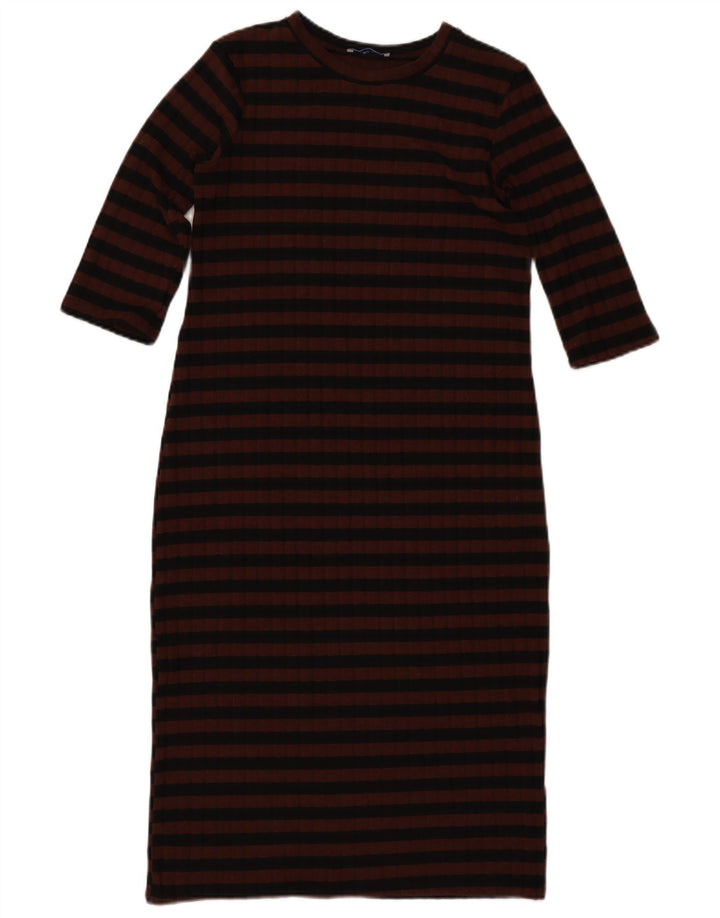 ZARA Vestido ajustado de manga 3/4 para mujer UK 40 Small Marrón Poliéster a rayas