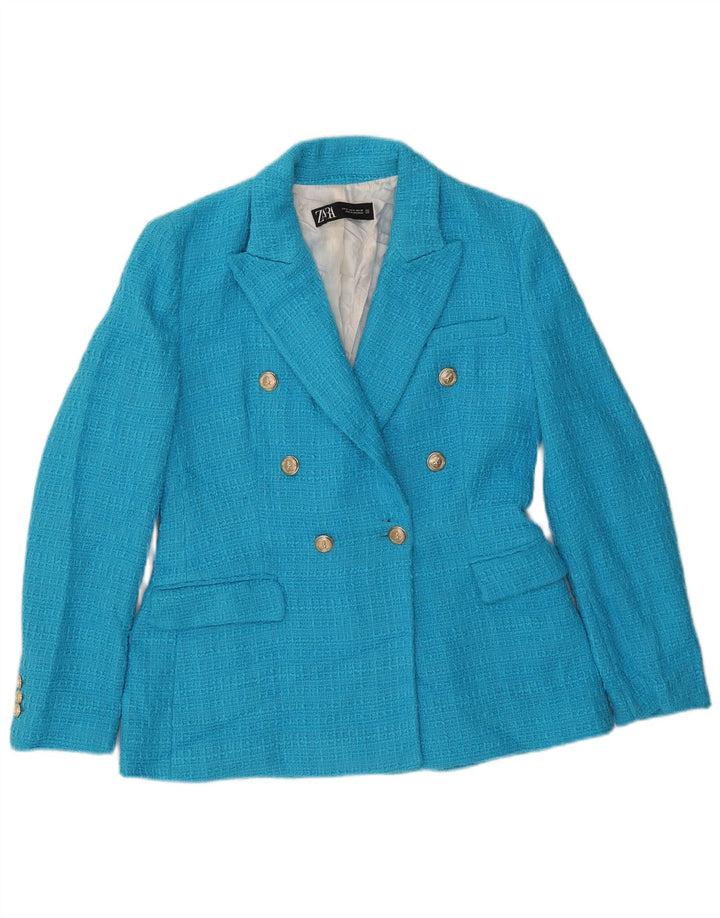 Zara Mujer Chaqueta Blazer De Doble Botonadura UK 42 Algodón Azul Medio