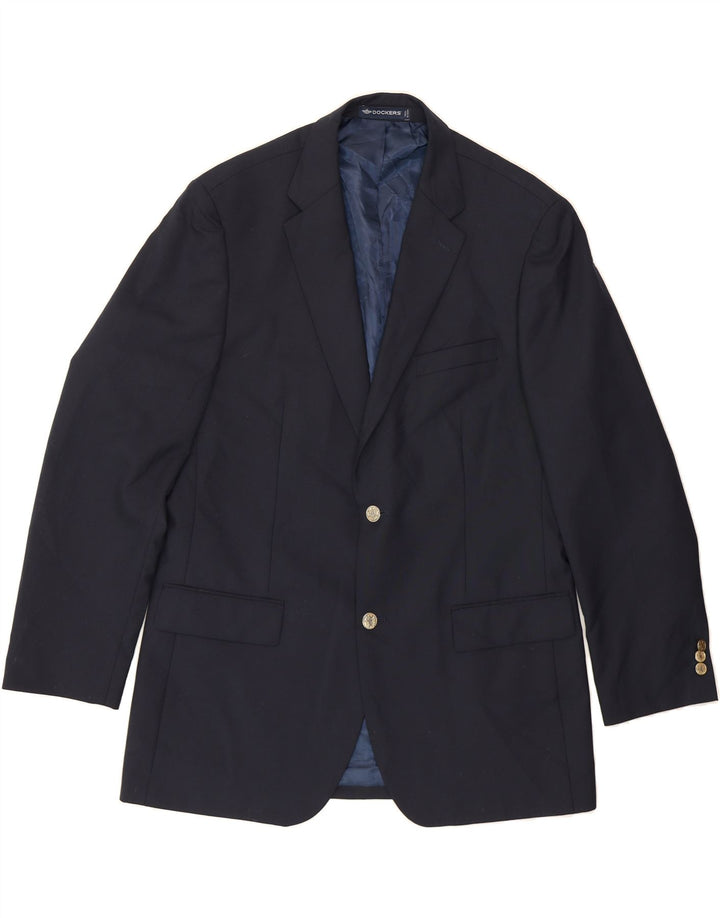 DOCKERS Mens Longline 2 Button Blazer Jacket UK 42 XL Navy Blue Polyester Vintage Dockers and Second-Hand Dockers from Messina Hembry 