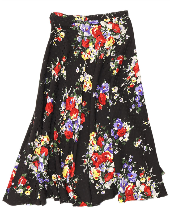 Vintage mujer falda acampanada W26 pequeño negro floral