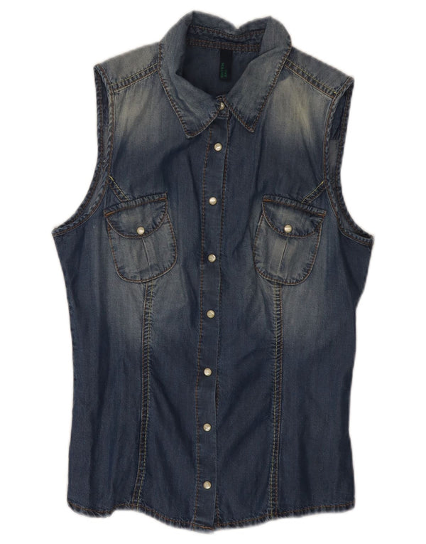 Camisa Vaquera Sin Mangas Benetton Mujer UK 40 Small Azul Marino Lyocell