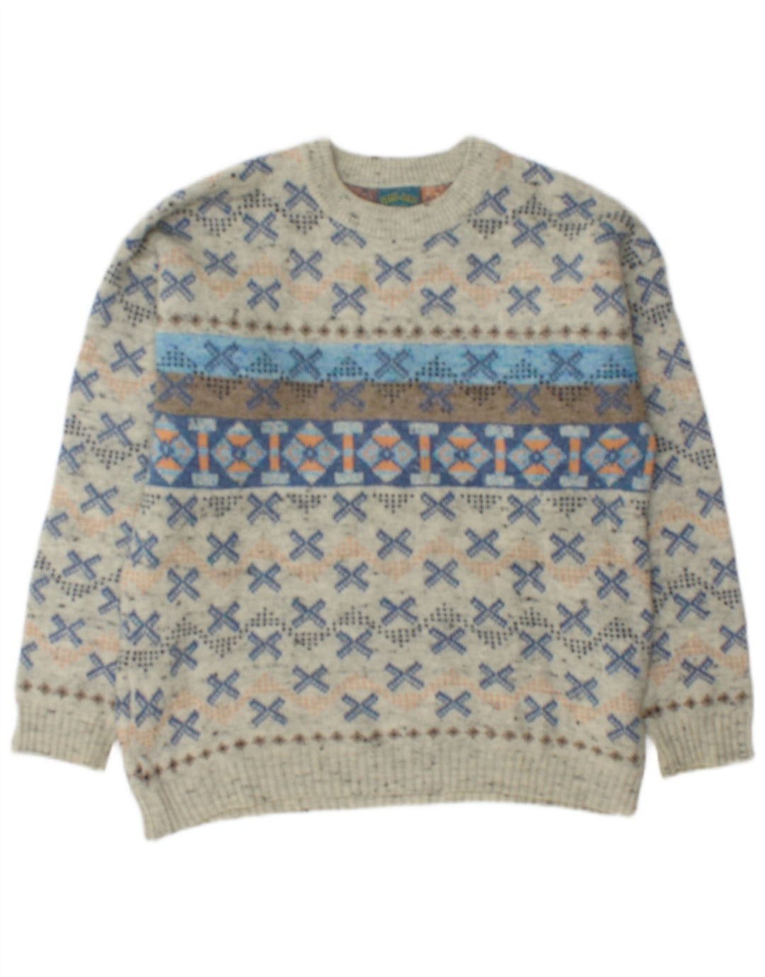Vintage hombres barco cuello jumper suéter gris medio lana geométrica