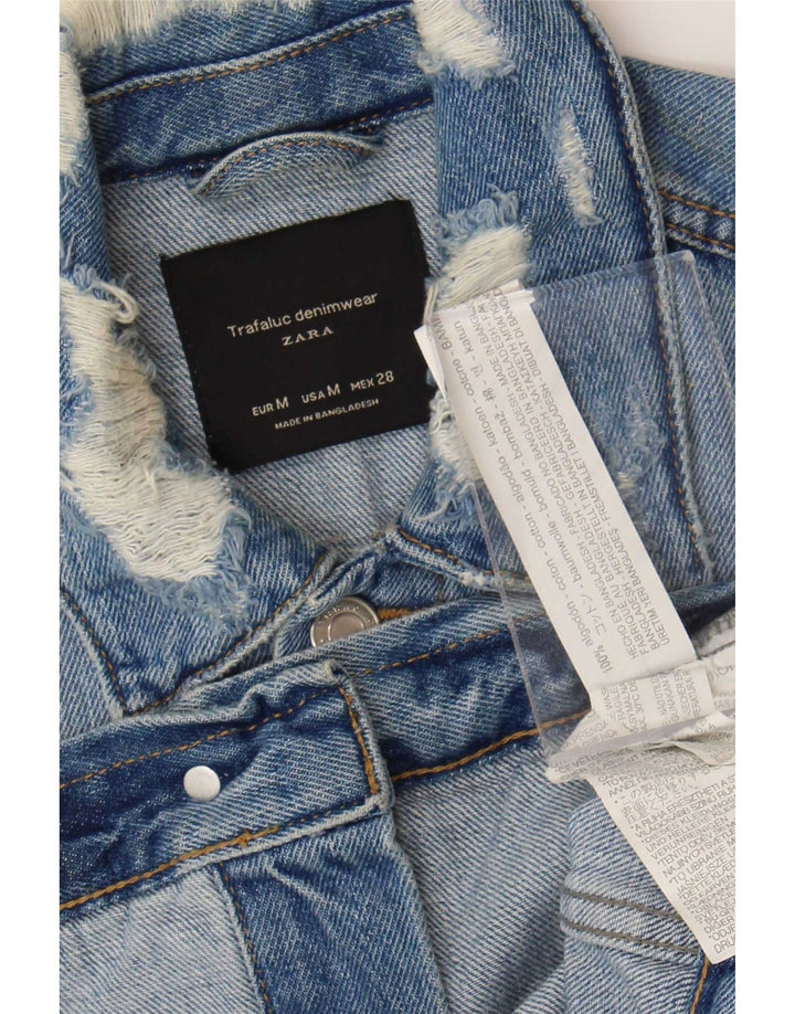 Zara Mujer Crop Chaqueta Vaquera Desgastada Reino Unido 12 Algodón Azul Medio