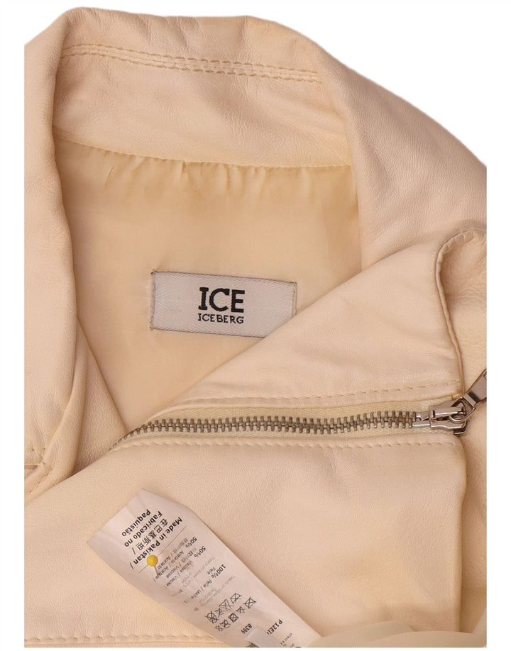 Iceberg Chaqueta motera de cuero para mujer UK 14 Medium Off White Leather