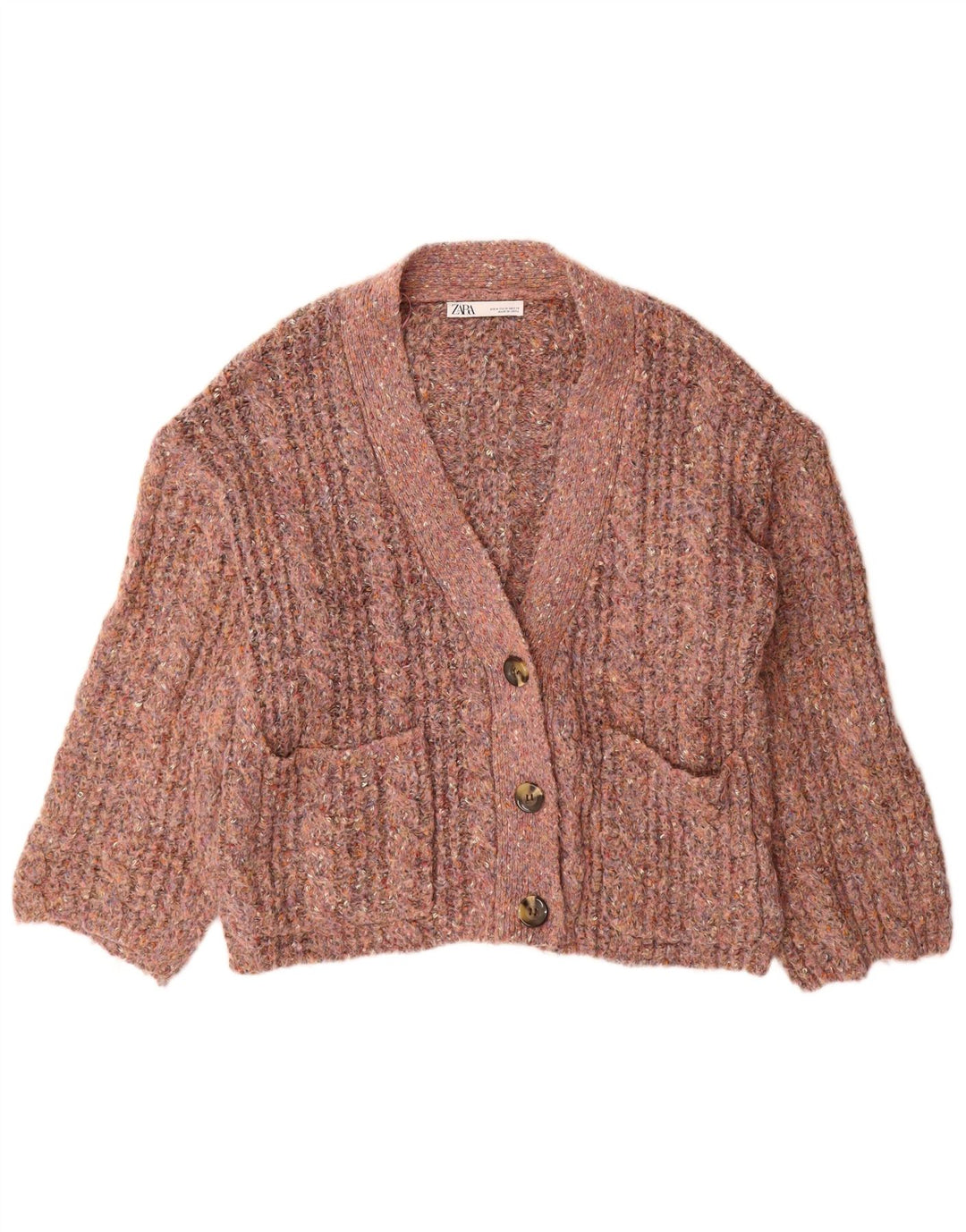 Zara Mujer Suéter Cárdigan Extragrande UK 44 Poliéster Moteado Rosa Medio