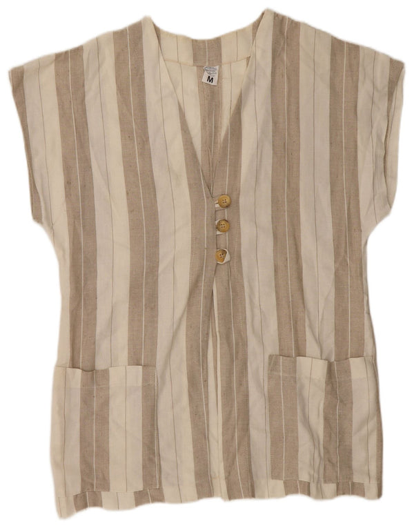 Vintage mujer camisa de manga corta blusa Reino Unido 14 lino de rayas beige medio