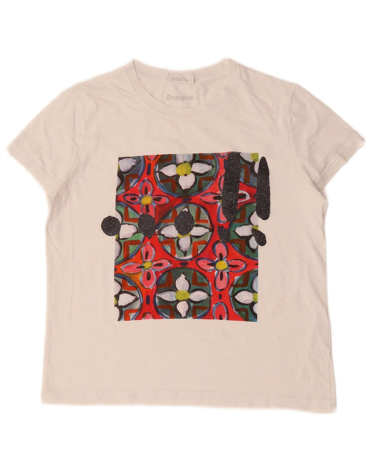 Desigual Mujer Camiseta Gráfica Top UK 12 Medium Blanco