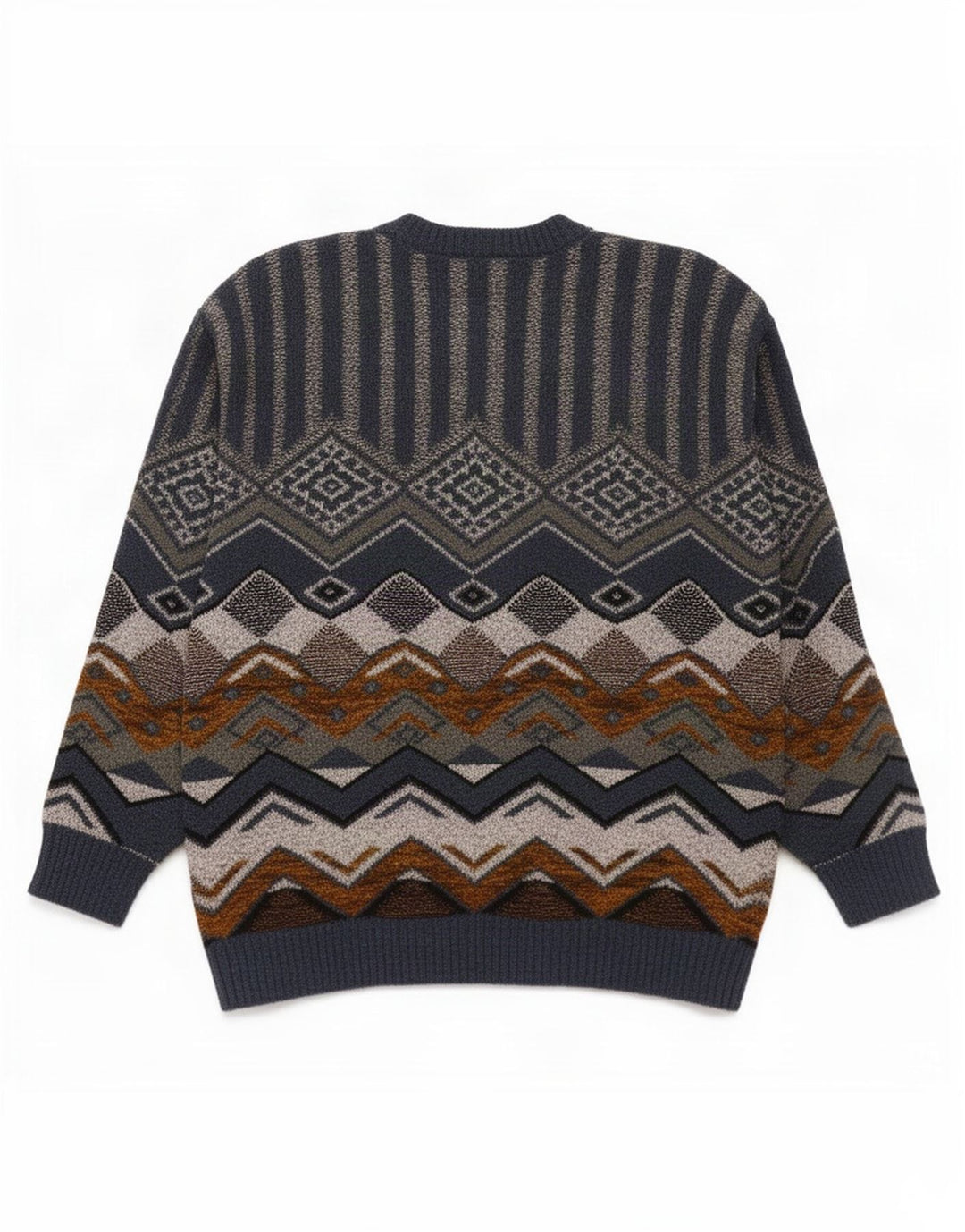 Vintage hombres cuello redondo jersey suéter azul medio geométrico