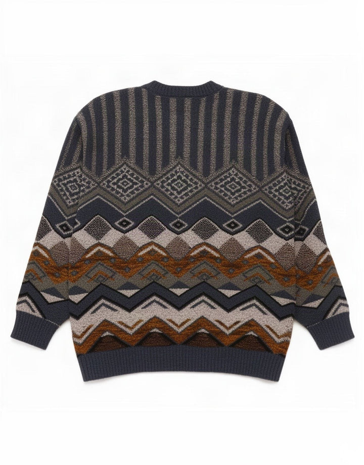 Vintage hombres cuello redondo jersey suéter azul medio geométrico