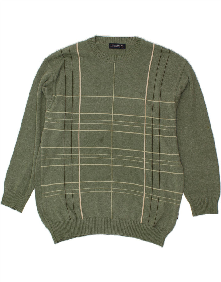 KELLERMAN Mens Crew Neck Jumper Sweater XL Green Check Cotton Vintage Kellerman and Second-Hand Kellerman from Messina Hembry 