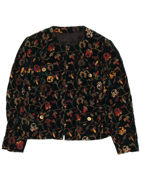 Vintage mujer terciopelo chaqueta blazer con cremallera completa Reino Unido 14 grande verde floral