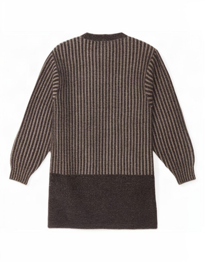 Vintage mujer longline cardigan suéter Reino Unido 14 lana de rayas gris medio